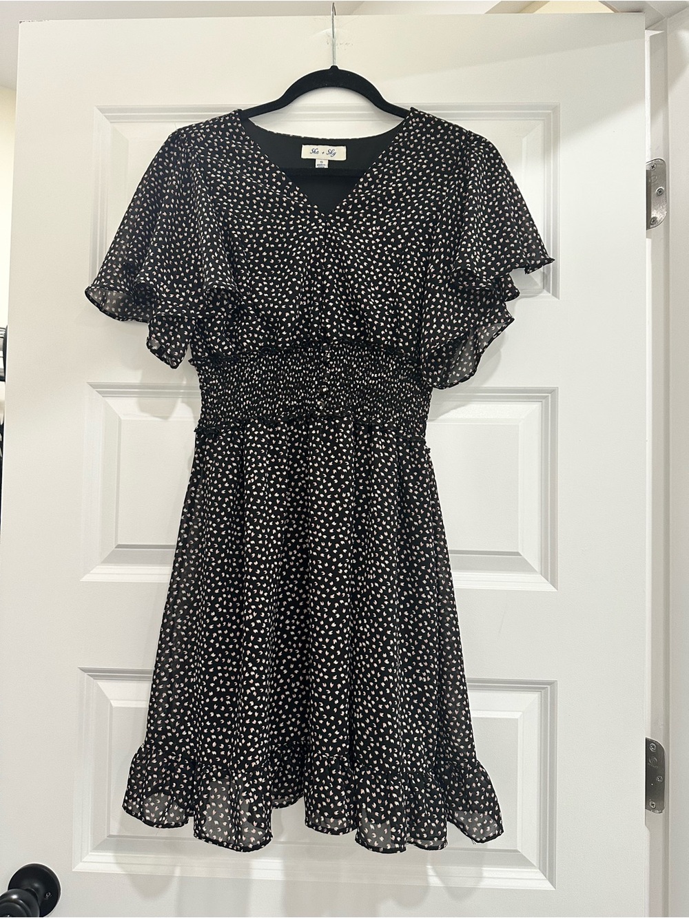 She & Sky Smocked Waist Black Flutter Sleeve Dress w/Pink & White Polka Dots